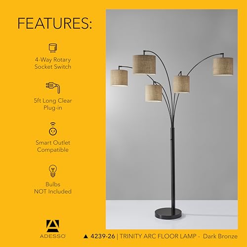 Adesso 4239-26 Trinity 5-Arm Arc Lamp, 82 in., 5 x 60W Incandescent/13W CFL, Antique Bronze Finish, 1 Floor Lamp