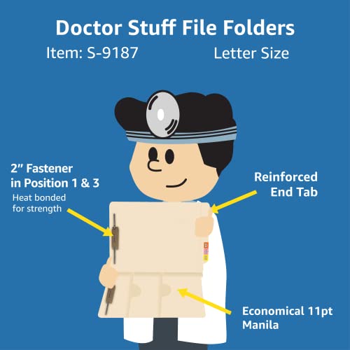 Pocket File Folders, Doctor Stuff, Reinforced End Tab Folder with Double Pocket on Inside, Two Fasteners in Position 1 & 3, 11 pt Manila Stock, Box of 50