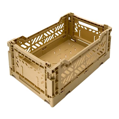 AYKASA Collapsible Storage Bins, Plastic Crate for Storage, Collapsible Crate, Utility Stackable Box (Small, Gold)