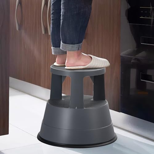 SPORFIT Rolling Step Stool with Retractable Spring Casters and Sitting Function, Kik Stool with 3 Movable Rolling Wheels, Two Step Stool for Home Office Library Kitchen, Premium PP, Gray