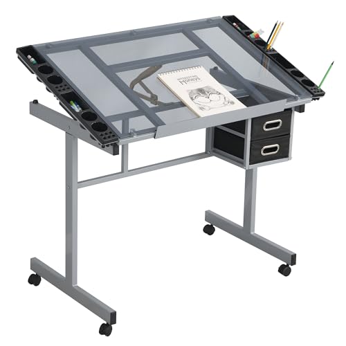 AnoYishev Professional Adjustable Glass Top Drafting Table, Art Desk with 2 Fabric Drawers & 4 Locking Wheels, 0-70° Tilting Drawing Table Craft Station for Artists, Architects, Hobbyists