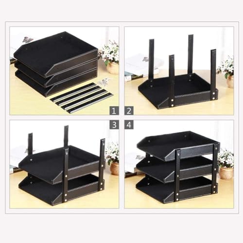 MNBVH File Racks Letter Trays File Racks 3-Layer Removable Wood PU Leather Desktop Filing Document Tray Stackable Document Tray(Color:B)