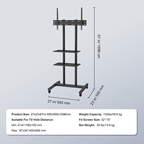 VEVOR Mobile TV Cart for 32 to 70 inch TVs, Height Adjustable Portable TV Stand with Wheels and Double Tray for Audio-Visual Devices, Rolling TV Stand for Living Room