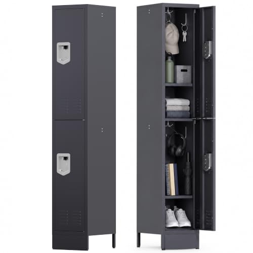 KAER Metal Locker for Employees, Office Storage Locker with 2 Doors, Lockable Steel Employee Lockers with Shelves and Hooks, Locker Organizer for Home Office School Gym Garage, Grey