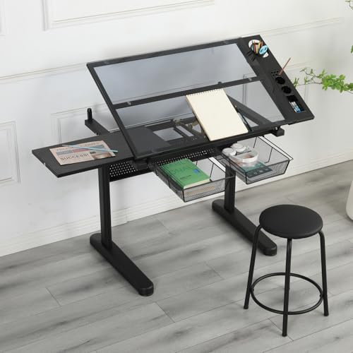Japovker Adjustable Height Drafting Table with Storage Drawers & Stool for Adults, Glass Art Desk with Side Storage Strips, Drawing Table with Tilted Tabletop for Art Office Study (Black+Glass B)