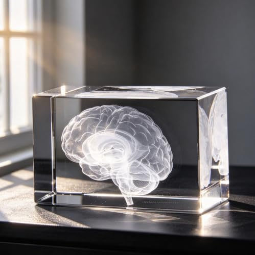 3D Human Brain Anatomical Model Paperweight(Laser Etched) in Crystal Glass Cube Science Gift (No Included LED Base)(3.1x2x2 inch)