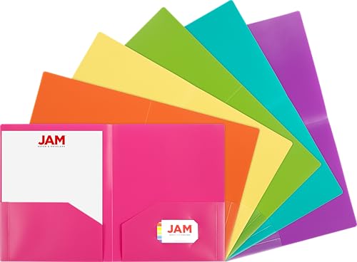 JAM PAPER Heavy Duty Plastic 2 Pocket Extra Tough School Folders - Assorted Fashion Colors - Bulk 48 Folders/Box (8 Assorted Packs of 6)