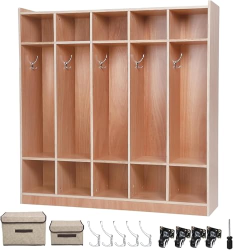 GarveeTech 5-Section School Coat Locker, Cubby Storage Organizer with 10 Classroom Cubbies and 2 Storage Boxes, Daycare Storage Cabinet with 2 Anti-tip Kits and 4 Casters, for Home,Kindergarten