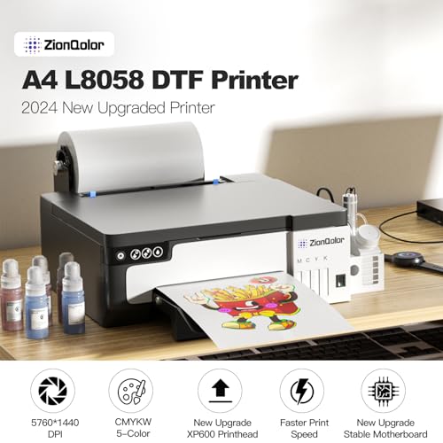 ZionQolor DTF Printer L8058 - A4 DTF Transfer Printing Machine with White Ink Mixing and Filtering System for DIY Fabric Printing (Includes Printer, Ink, Powder, Film)