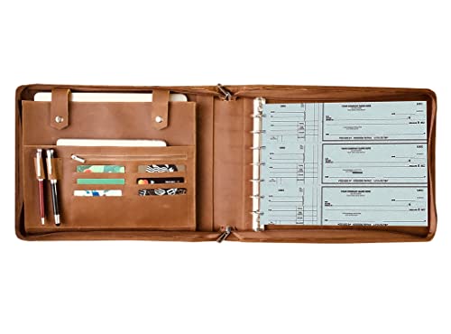 Leather Business Check Binder 7 Ring, Zippered Business Checkbook Cover, Premium Check Book Holder, 600 Checks Capacity for 9 x 13 inch Sheets Custom Name/Logo