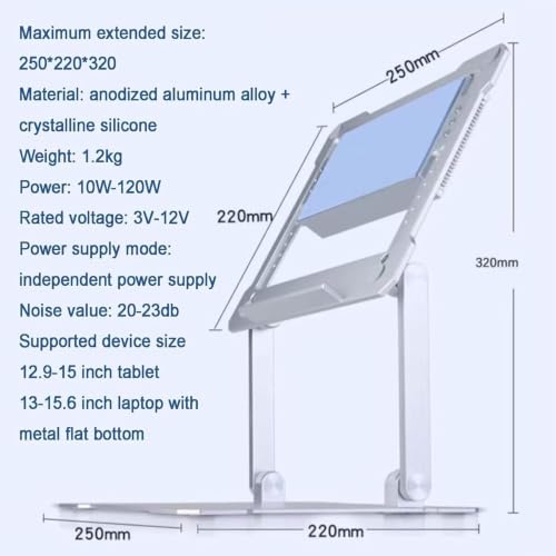 DOJBK Laptop Stand with Cooler, Foldable Laptop Holder, Aluminium Alloy Tablet Holder for Desk, Wind Speed and Angle Adjustable, for 12.9-15.6in Tablets and Metal-Back Laptops