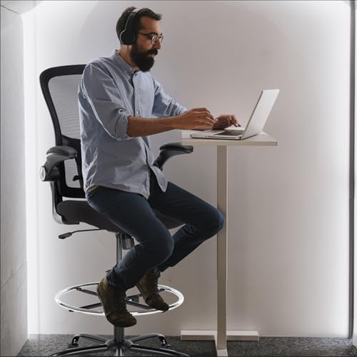 Luckyear Ergonomic Drafting Chair – Tall Office Chair for Standing Desk, Adjustable Height Mesh Chair with Footrest and Flip-Up Arms, Counter Stool, Black