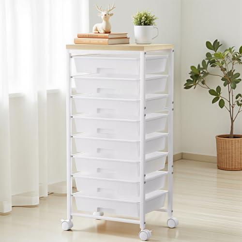 Rolling Cart with 8 Drawers, Plastic Drawer Storage Carts with Wheels & Wooden Tabletop, Metal Utility Cart Organizer for Bedroom Living Room Office Classroom Craft Organization and Storage, White