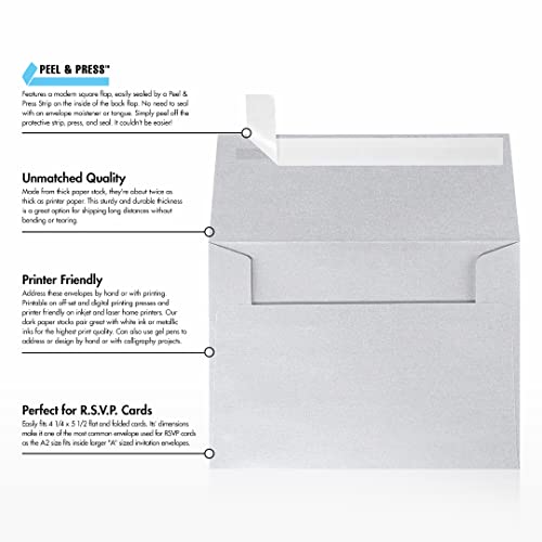 LUXPaper A2 Invitation Envelopes | Peel & Press | 4 3/8" x 5 3/4" | Silver Metallic | 80lb. Text | 250 Qty