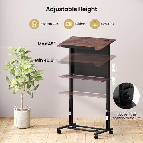 SlickBlue Height Adjustable Rolling Podium Stand with Storage Shelf Lectern