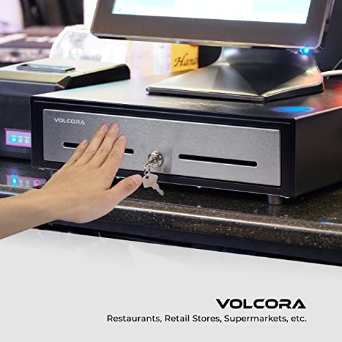 Volcora 16" Manual Push Open Cash Register Drawer for Point of Sale (POS) System - Black and Stainless Steel Front Touch Panel - Durable Cash Drawer with Removable Tray, 5 Bills and 8 Coin Slots