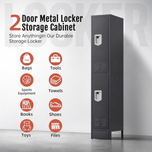KAER Metal Locker for Employees, Office Storage Locker with 2 Doors, Lockable Steel Employee Lockers with Shelves and Hooks, Locker Organizer for Home Office School Gym Garage, Grey