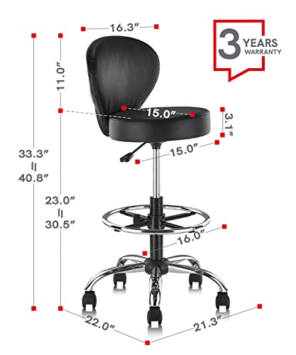 KLASIKA PVC Faux Leather Drafting Chair Set of 4 Rolling Swivel Salon Stool with Back Foot Rest Adjustable Hydraulic Seat Height 30 Inch Diameter 15 in Lumbar Support for Massage Facial Spa 4 Pack