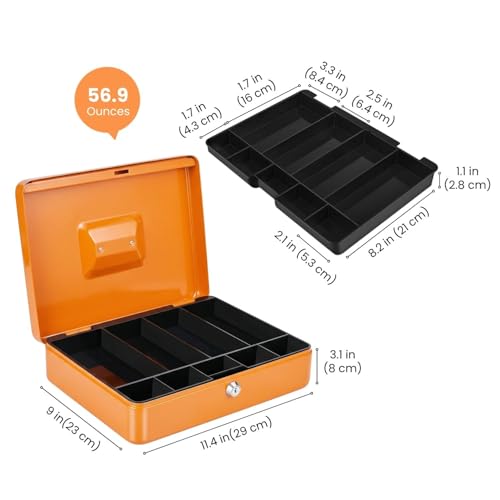 Flexzion Small Cash Box with Money Tray and Lock, 11.4-Inch, Orange
