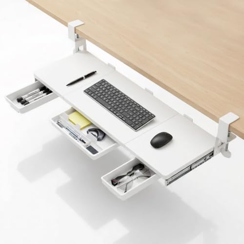 TECLUK Large Keyboard Tray Under Desk 33.5x11.4“ with 3 Drawer,White