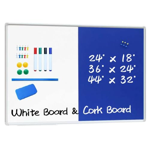 DEVELOP Cork & Magnetic Dry Erase Combo Board, 36 x 24 Inch, Wall Mounted Whiteboard/Blue Felt Bulletin Combination Board with Marker Tray, Pins, Eraser, Markers & Magnets