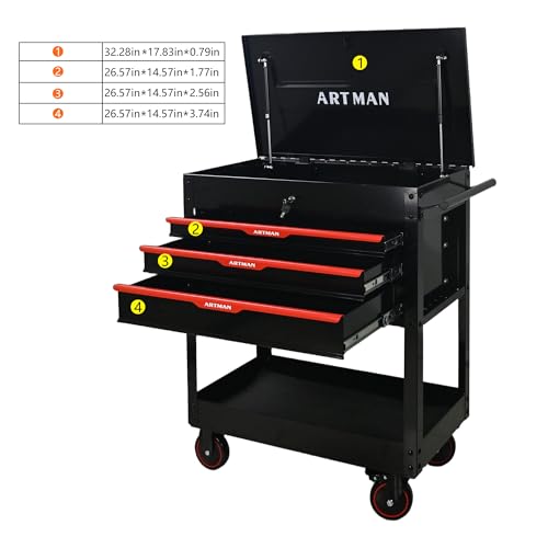 KEIKI 3-Drawer Rolling Tool Cart with Lift-Up Steel Top, Utility Tool Box, Multi-Functional Tool Storage Organizer Cabinet for Garage, Warehouse, Workshop, Repair Shop, Black