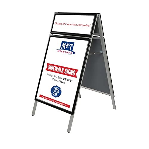 M&T Displays Black 22x28 Inches Sidewalk Sign, Double Sided A-Frame Sandwich Board with Header – Outdoor Poster Display, Menu Board, Street Sign Holder with 1" Aluminum Profile & Polystyrene Backing