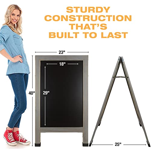 Excello Global Products Large Double-Sided 40x23 Heavy-Duty A-Frame Sidewalk Chalkboard Standing Sign, Includes 10 Chalk Markers, 40 Piece Stencil Set, Chalk and Eraser (Whitewash Grey)