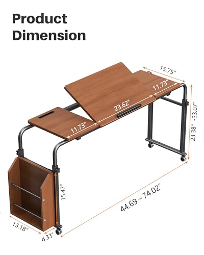Laptop Desk for Bed,6-Angle Adjustable Overbed Table with Wheels,Adjustable Height and Length Bed Table for Laptop with Side Bookshelf,Standing Desk,Over Bed Desk for Working Hospital Home (Oaken)