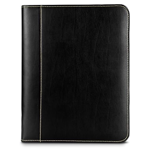 Samsill Contrast Stitch Leather Zippered Portfolio Folder/Business Portfolio for Men and Women, Resume/Document Organizer with Writing Pad, Black (71720)
