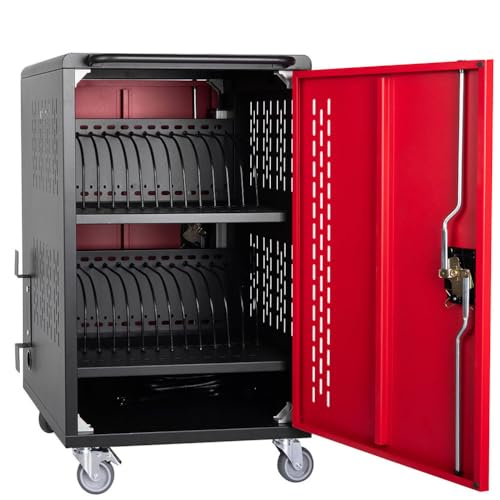CWKISS 32-Device Charging Cart for Laptops & Tablets up to 15.6", Mobile Charging Station with Lock & Key, 32-Slot Chromebook Cart with Power Strip, Cable Management, Steel Cabinet & Locking Wheels