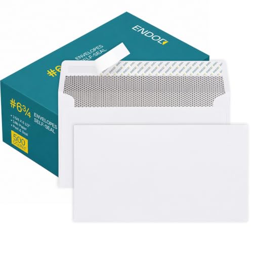 EnDoc #6 3/4 Security Envelopes Self-Seal - 500 Count - 6 1/2 x 3 5/8 Inch Privacy Tinted Windowless All-Purpose Envelopes for Personal and Business Use - 24lb Paper Quality - Bright White Envelopes