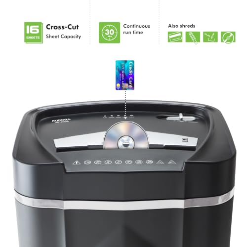 Aurora AU1640XA Anti-Jam 16 Sheet Crosscut Paper/CD and Credit Card/ 5 Gal Pullout Basket Shredder, 30 Minutes Continuous Run Time