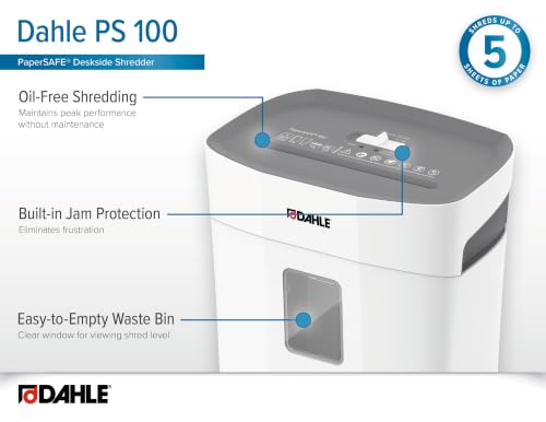 Dahle PaperSAFE PS 100 Paper Shredder, Oil Free, Jam Protection, Security Level P-4, 5 Sheet Max, Shreds Staples, Paper Clips & Credit Cards
