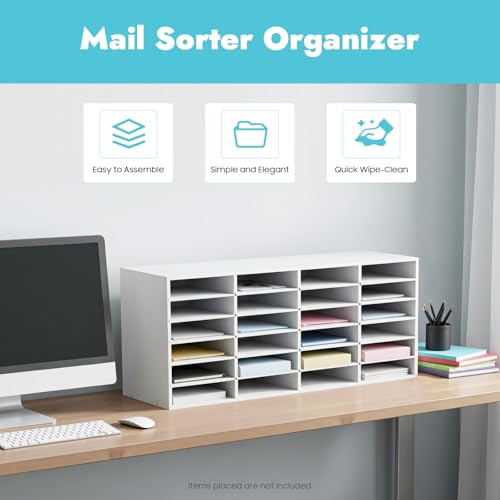 24 Slots Mail Sorter Organizer, Literature Organizer Adjustable Removable Shelves, Paper Storage Cabinet, Desktop Mail Sorter with Install Gloves for Office Classroom Home(White, 24 Slots)