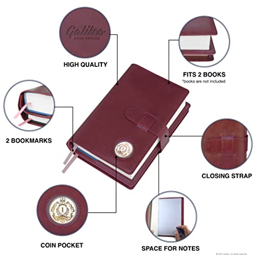 GALILEO® Double AA Big Book Cover & 12 Steps & 12 Traditions | Medallion Holder | AA Gift | Alcoholics Anonymous | PU Leather | AA Book Covers for Hardcover (Plain/Coin Pocket/Burgundy)
