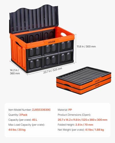 VEVOR Plastic Collapsible Storage Bins with Lids, 45L 3Packs, Stackable Folding Storage Crates with Handles, Holds 44 lbs Per Bin, Heavy Duty Containers, Space-Saving Baskets, for Home Organizing
