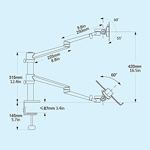 Monitor Mount Adjustable Dual Arm Desk Mounts LCD Monitor and Laptop Mount Single Desk Arm Holder for 17"-32" Screens, Extra Tray Fits 12"-17" Laptops Monitor Arm Stand (Color : Silver)