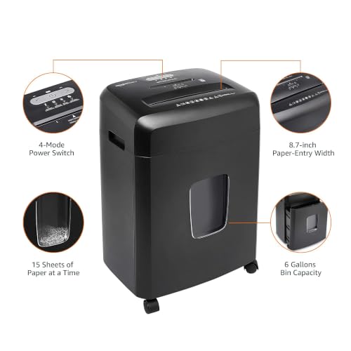 Amazon Basics 15-Sheet Cross Cut Paper Shredder for Home and Office, CD/Credit Card Shredder with 6 Gallon Wastebasket, Black