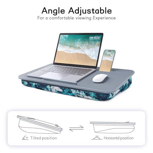 Lap Desk for Laptop with Cushion, Laptop Lap Desk, Cushion Detachable and Washable, fits up to 17 inch, with Tablet Slot and Stopper, MillHome (Blue)