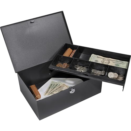 BARSKA 12-Inch Cash Box and 6 Compartment Tray with Key Lock , Black
