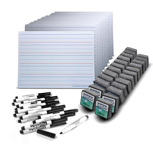 Flipside Products 24 Pack Set - 9" x 12" Two-Sided Magnetic Red/Blue Ruled Dry Erase Learning Mats, Black Dry Erase Markers, Felt Erasers, 72 Pieces Total, Learn Writing, Double Sided, Classroom Pack