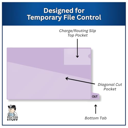 Doctor Stuff - Small Bottom Tab Vinyl Outguides, Diagonal Cut Front Pocket, Top Charge Out Slip Pocket, Plastic File Folder, Legal Size 9" x 16", Lavender, 100/Box
