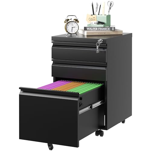FLIXELIO 3 Drawer Mobile File Cabinet with Lock,Small Rolling Metal Office Storage Filing Cabinet Under Desk,Vertical Locking File Cabinets with Wheels for Home Office,Legal Fully Assembled,Black