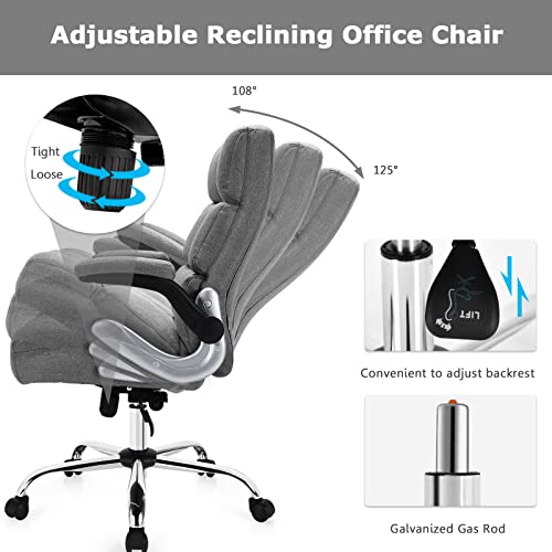 GIANTEX Executive Office Chair, Big and Tall Ergonomic Computer Chair, Adjustable Tilt Angle and Flip-up Armrest Linen Fabric Upholstered Chair with Thick Padding, High Back Managerial Chair (Grey)
