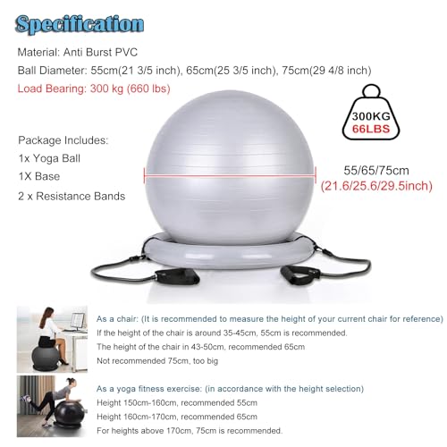 RENLXFI Backless Balance Ball Chair Exercise Stability, 21 25 29 Inch Pregnancy Labor Medicine Ball Chair for Home Gym Office, Gray Exercise Ball Kit with Base & Bands(Diameter 55cm(21 3/5 inch))