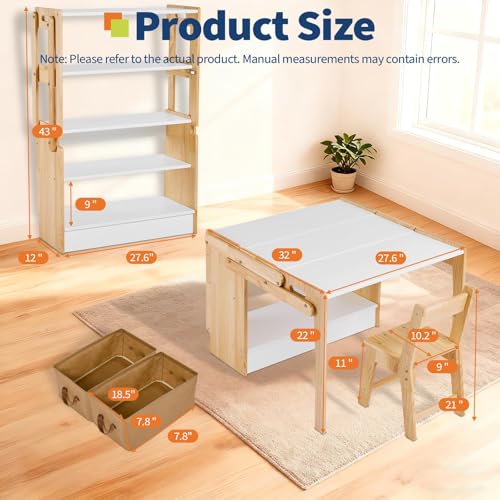 27.5 in Art Table and 1 Chair Set, Craft Play Desk, Convertible Activity Table to Storage Shelves, with 2 Storage Box, Folding Table and Chair Furniture Set, Adjustable Table for School and Home