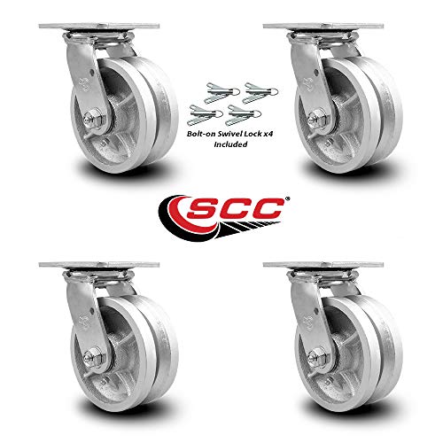 Heavy Duty Swivel Caster Set of 4 with 5 Inch V-Groove Semi Steel Cast Iron Wheels and Bronze Bearings - Includes 4 Swivel with Bolt on Swivel Locks - 4,400lbs. Total Capacity - Service Caster Brand