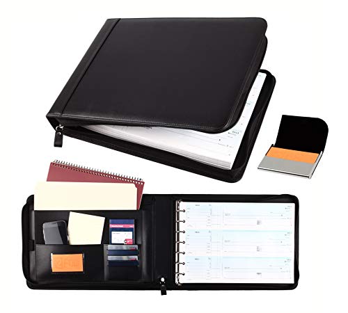 2Fold Zippered Business Checkbook Binder - 7 Ring Binder for Business Checks with Built-in Organizer and Card Case - PU Leather Portfolio for up to 600 3-Up Checks (Black)