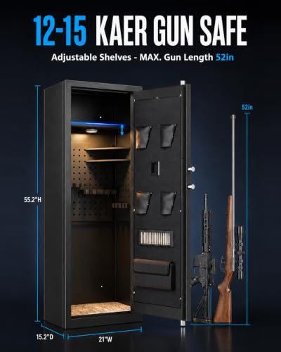 KAER Biometric Gun Safe for Rifles and Pistols, 12-15 Rifle Safe Quick Access (Fits Scoped Rifles) with 24/7 Burglar Alarm, Adjustable Shelves & Pistol Pockets, Gun Cabinet for Home, Office